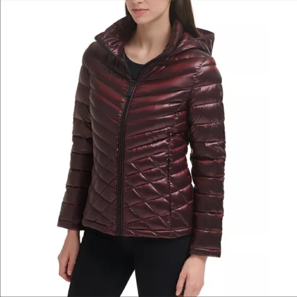 CALVIN KLEIN Hooded Packable Premium Down Puffer Coat Eggplant Wine XS